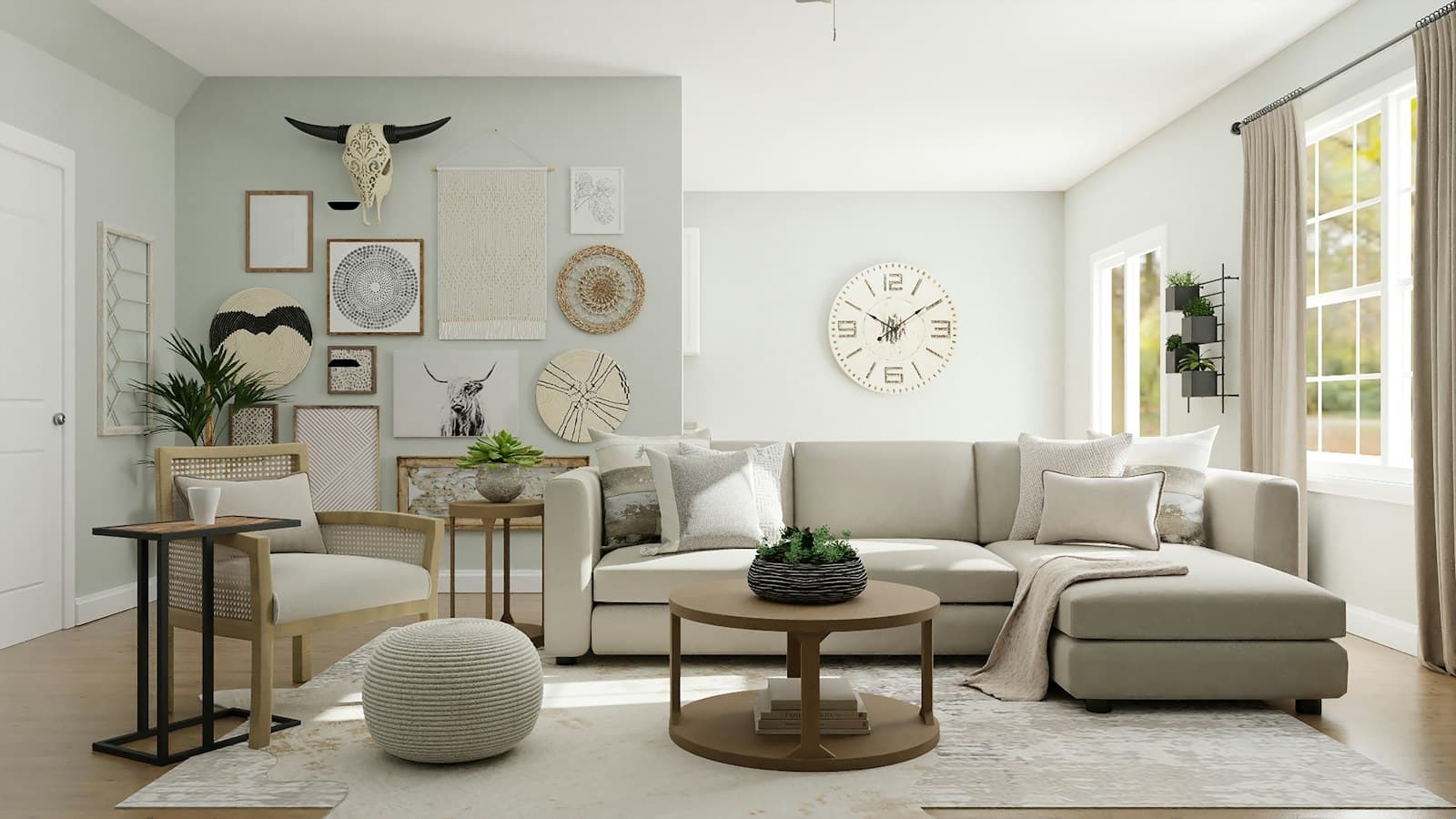 Living room with tall windows and a composed seating corner